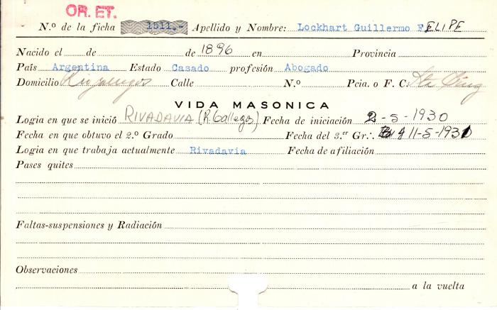 Ficha de miembro de Guillermo Felipe Lockhart.