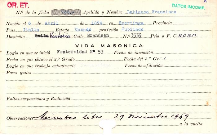 Ficha de miembro de Francisco Lobianco.