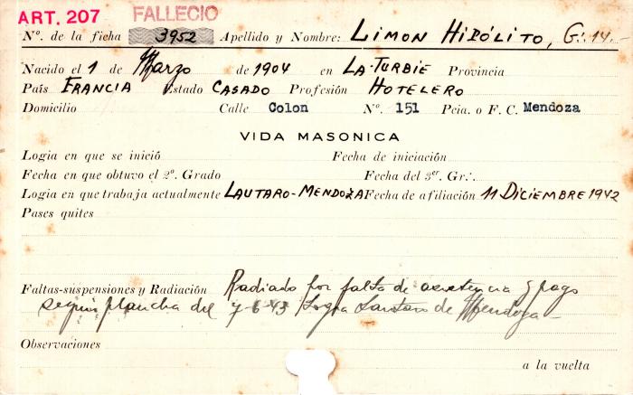 Ficha de miembro de Hipólito Limon.