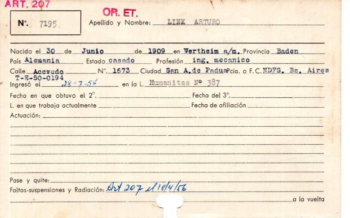 Ficha de miembro de Arturo Link.  