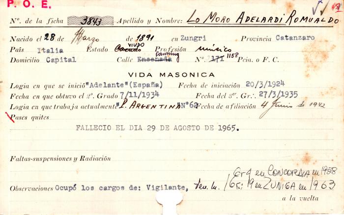 Ficha de miembro de Romualdo Lo Moro Adelardi.