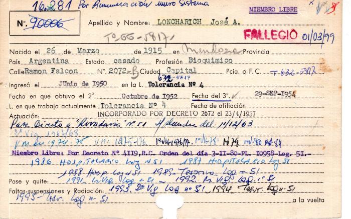 Ficha de miembro de José A. Loncharich.