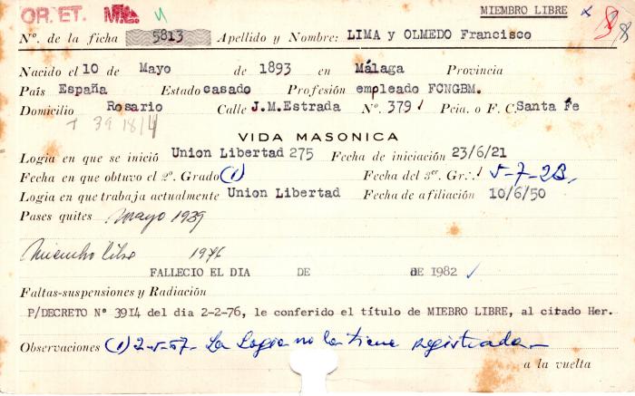 Ficha de miembro de Francisco Lima y Olmedo.