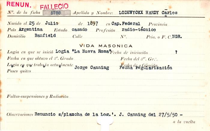 Ficha de miembro de Carlos Lodewyckx Hardy.