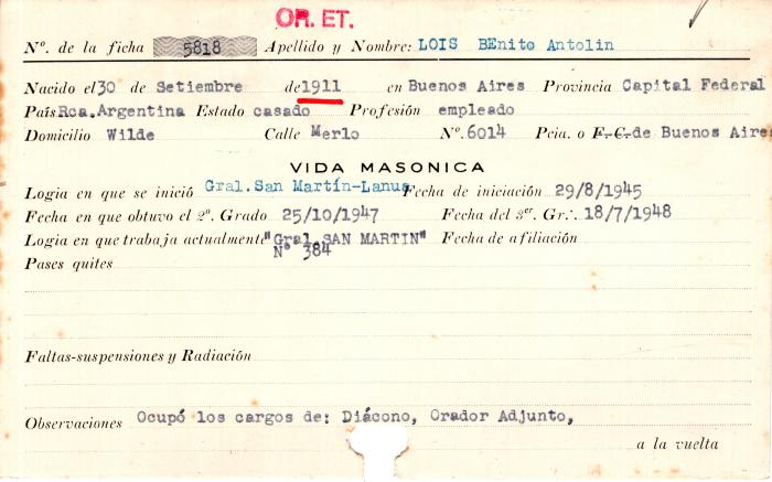 Ficha de miembro de Benito Antolin Lois.