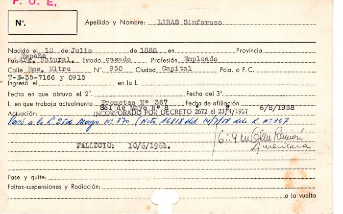Ficha de miembro de Sinforoso Liras.