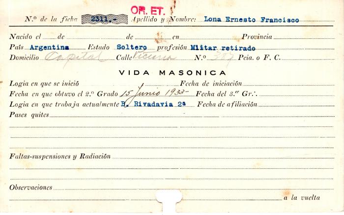 Ficha de miembro de Ernesto Francisco Lona.