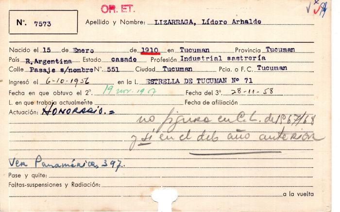 Ficha de miembro de Lidoro Arnaldo Lizarraga.
