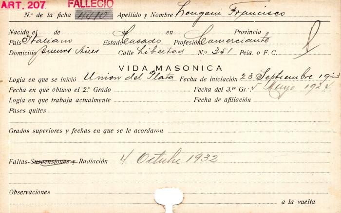 Ficha de miembro de Francisco Longani.