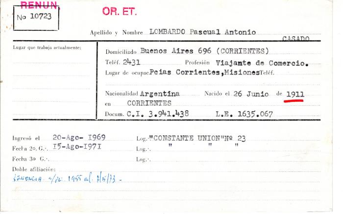 Ficha de miembro de Pascual Antonio Lombardo.