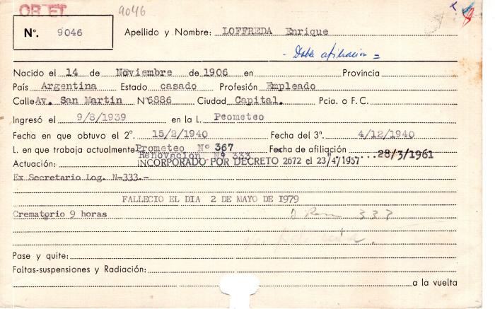 Ficha de miembro de Enrique Loffreda.