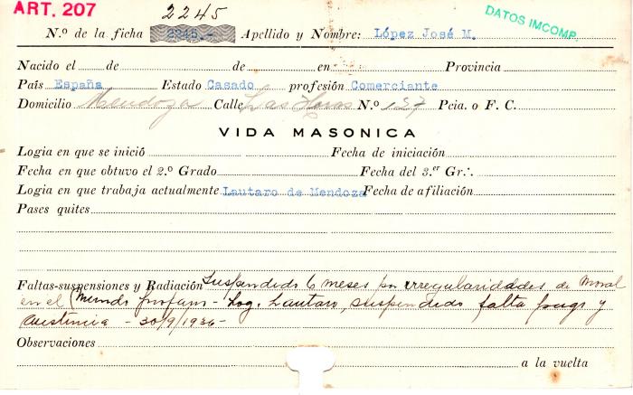 Ficha de miembro de José M. López.  