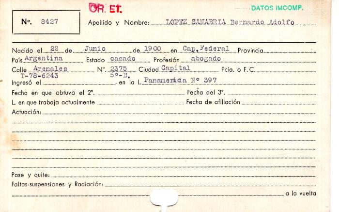 Ficha de miembro de Bernardo Adolfo López Sanabria.