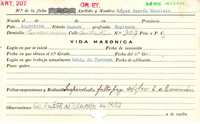 Ficha de miembro de Dionisio López García.