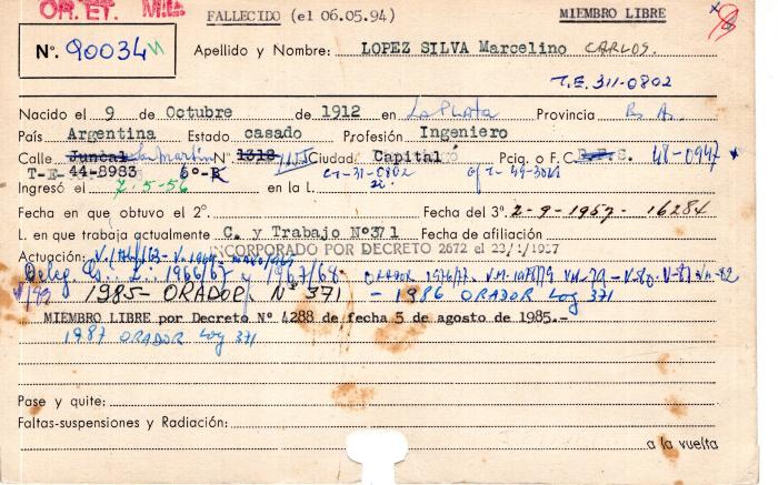 Ficha de miembro de Marcelino Carlos López Silva.