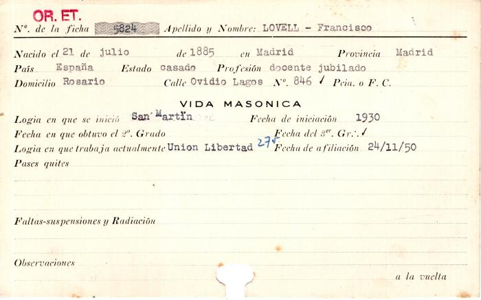 Ficha de miembro de Francisco Lovell.