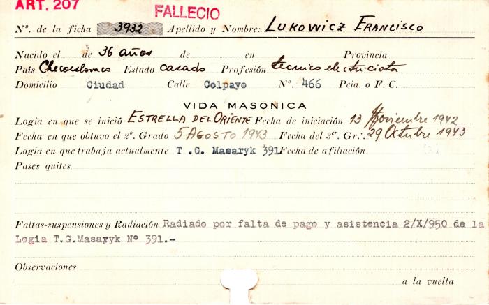 Ficha de miembro de Francisco Lukowicz.