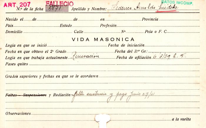 Ficha de miembro de Federico Arnoldo Lüdeke.