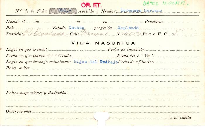 Ficha de miembro de Mariano Lorences.