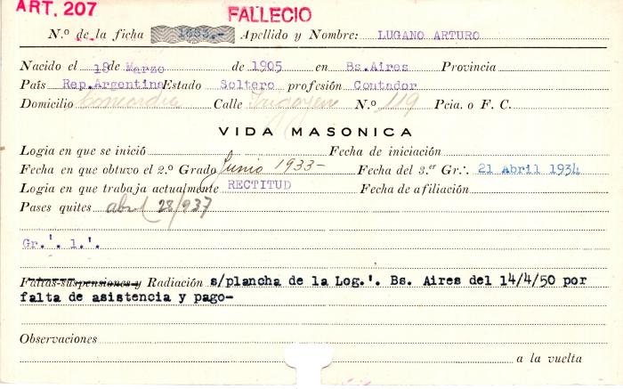 Ficha de miembro de Arturo Lugano.