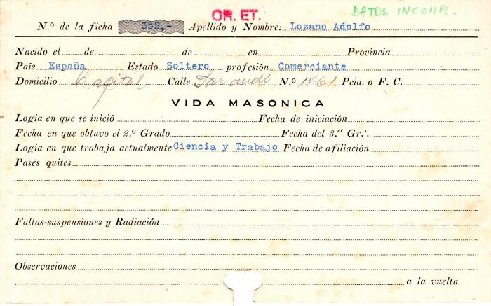 Ficha de miembro de Adolfo Lozano.