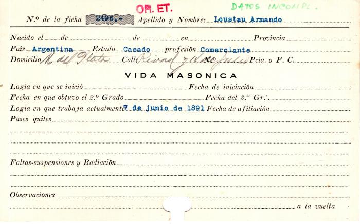Ficha de miembro de Armando Loustau.