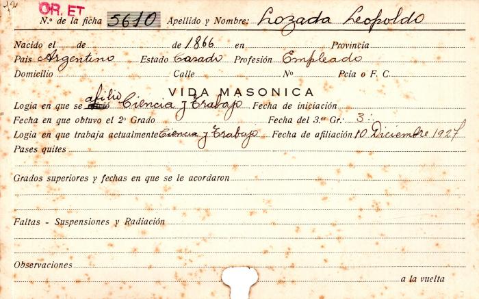Ficha de miembro de Leopoldo Lozada.