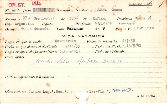 Ficha de miembro de Cosme Lucero.