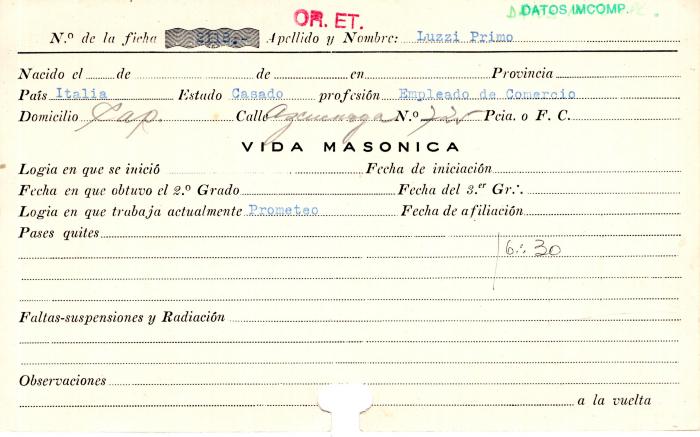 Ficha de miembro de Primo Luzzi.
