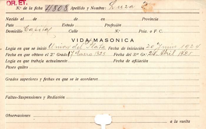 Ficha de miembro de F. Luza.