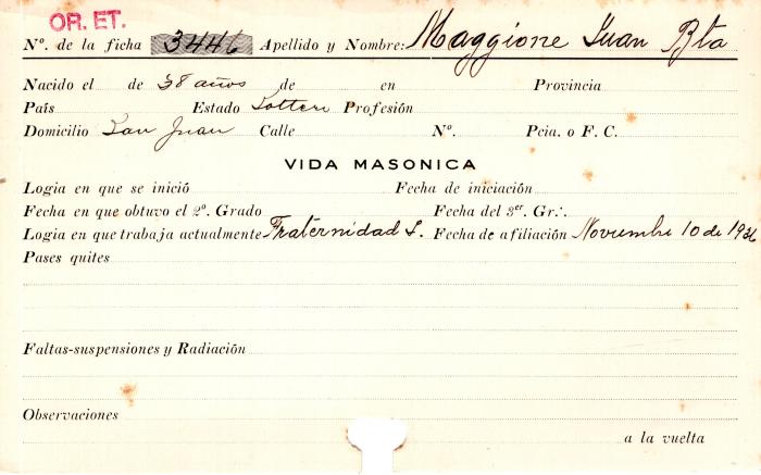 Ficha de miembro de Juan Bautista Maggione.