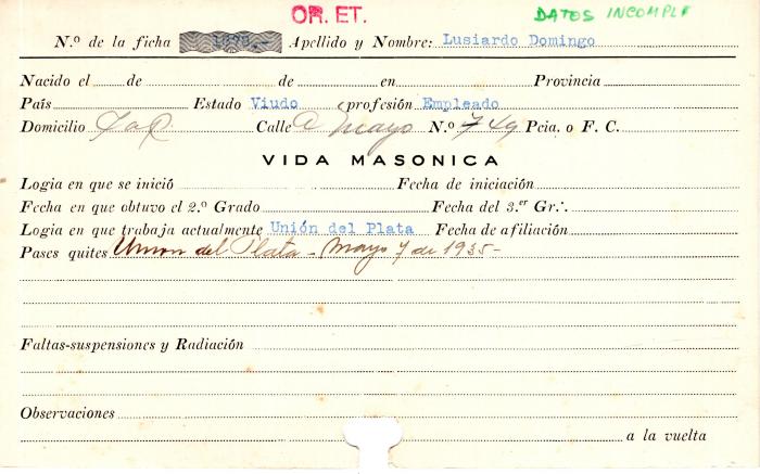 Ficha de miembro de Domingo Lusiardo.