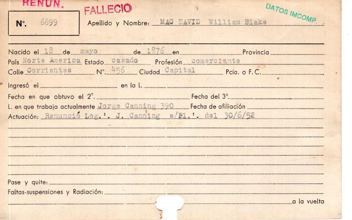 Ficha de miembro de William Blake Mac David.
