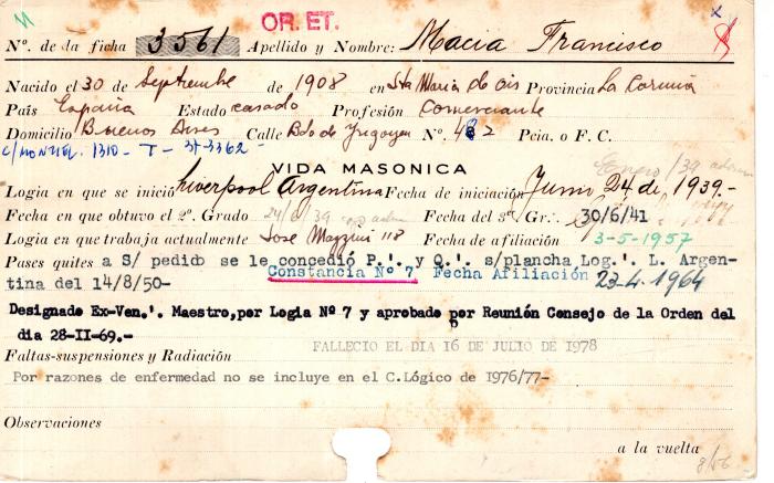 Ficha de miembro de Francisco Macia.