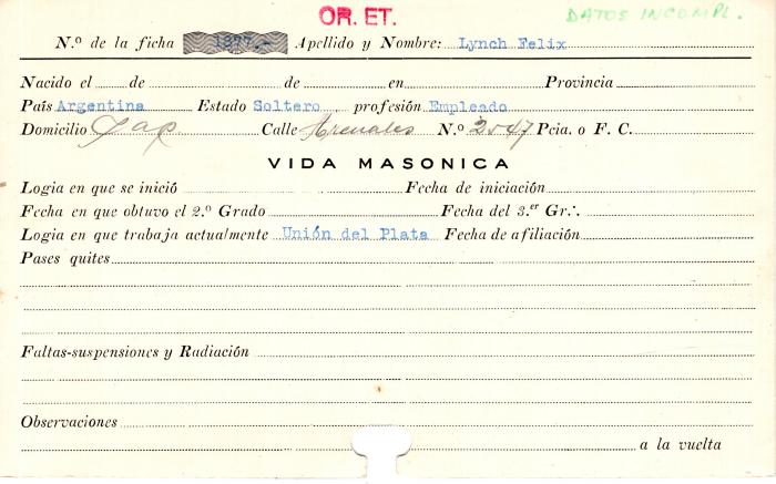 Ficha de miembro de Felix lynch.