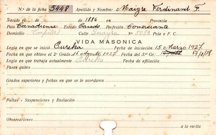 Ficha de miembro de Ferdinand F. Maigre. 