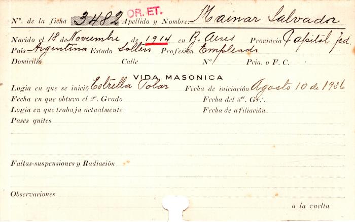 Ficha de miembro de Salvador Mainar.