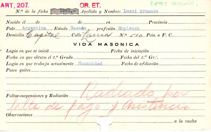 Ficha de miembro de Armando Luzzi.