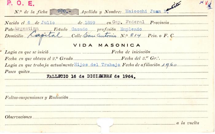 Ficha de miembro de Juan Bautista Maiocchi.