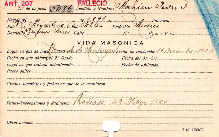 Ficha de miembro de Pedro J. Mahien.