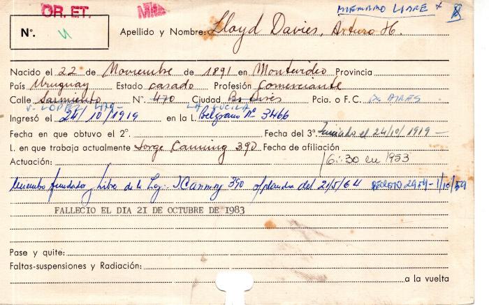 Ficha de miembro de Arturo H. Lloyd Davies.