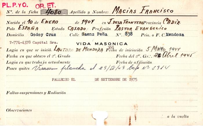 Ficha de miembro de Francisco Macias.