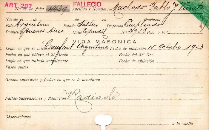 Ficha de miembro de Pablo J. Vicente Machado.