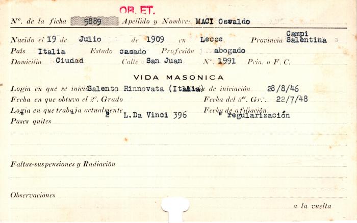 Ficha de miembro de Osvaldo Maci.