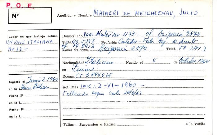 Ficha de miembro de Julio Maineri de Meichsenau.