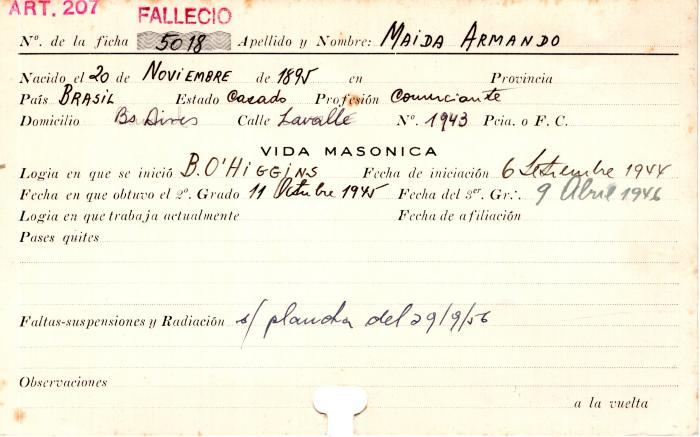 Ficha de miembro de Armando Maida.