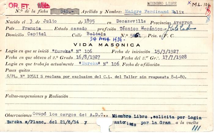 Ficha de miembro de Ferdinand Felix Maigre.