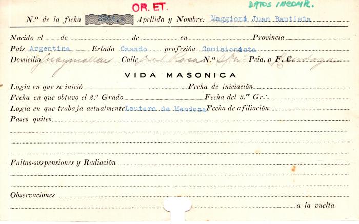 Ficha de miembro de Juan Bautista Maggioni. 