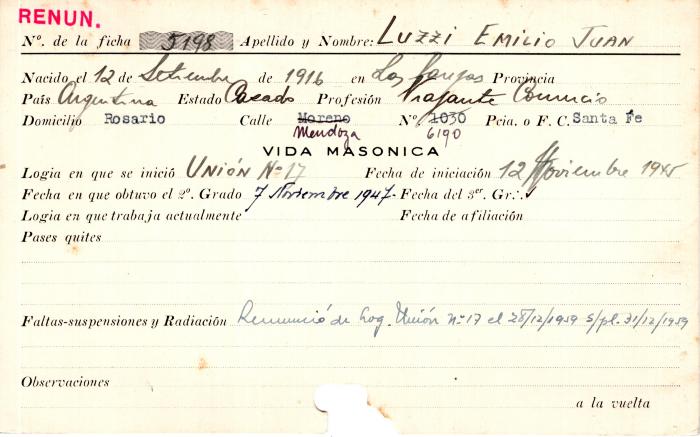 Ficha de miembro de Emilio Juan Luzzi.