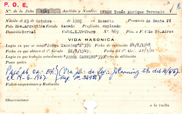 Ficha de miembro de Tomás Enrique Terencio Lynch.